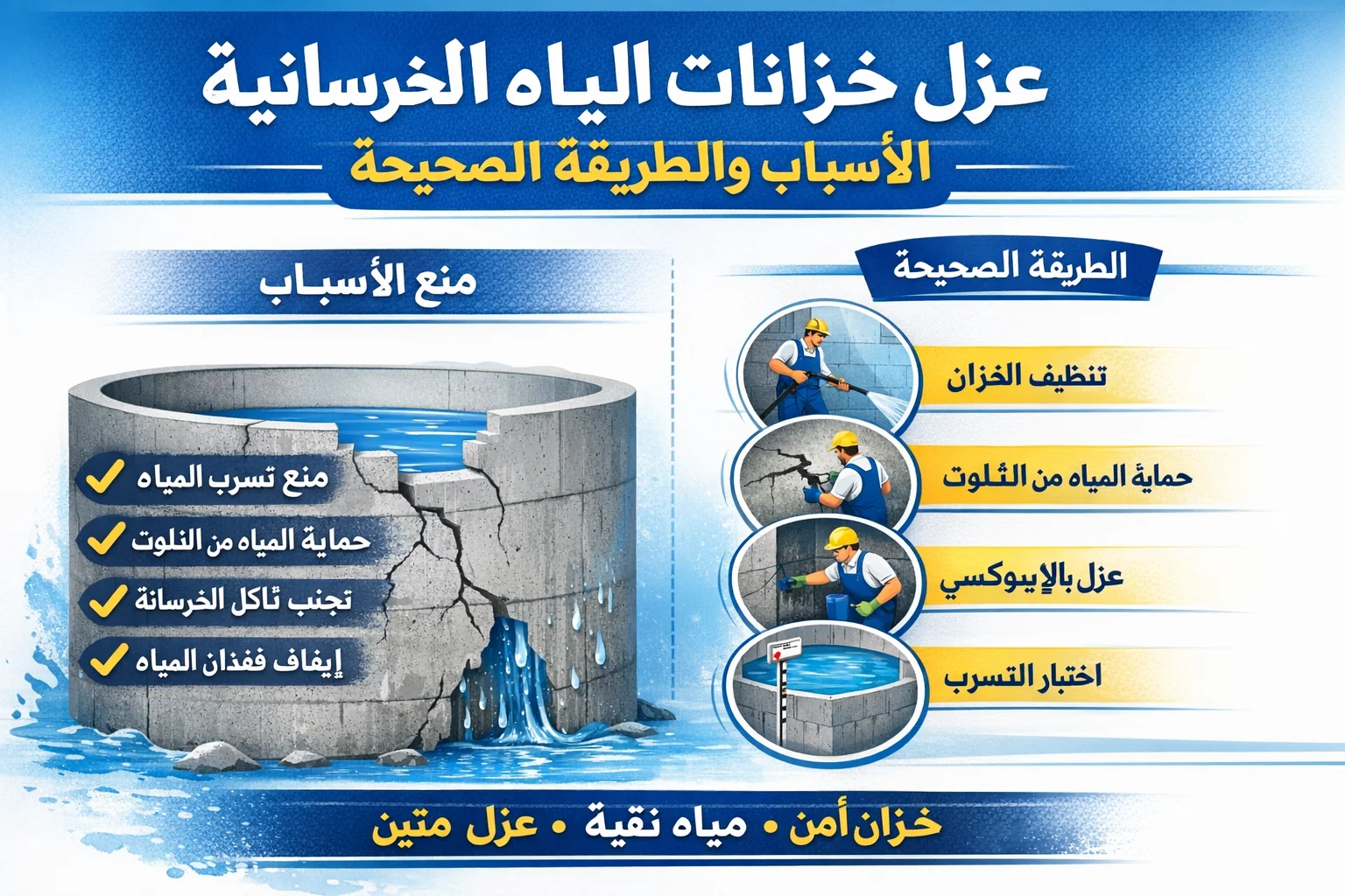عزل خزانات المياه الخرسانية لمنع تسرب المياه وحماية الخزان من التلف