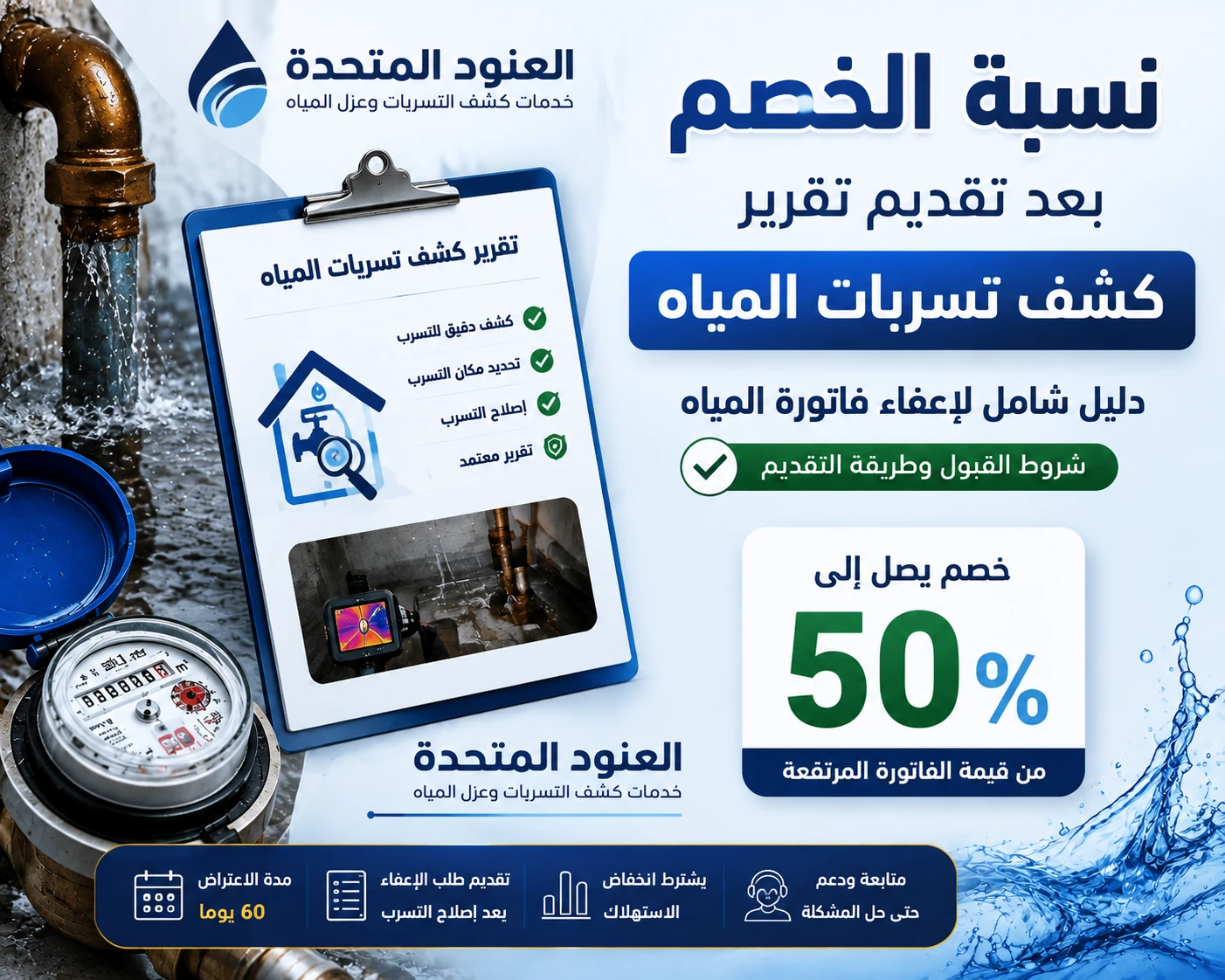 كم نسبة خصم فاتورة المياه بعد تقرير كشف التسربات هل تحصل على إعفاء 50%؟ 1 نسبة خصم فاتورة المياه بعد تقرير كشف التسربات كم نسبة خصم فاتورة المياه بعد تقرير كشف التسربات هل تحصل على إعفاء 50%؟ | شركة العنود المتحدة نسبة خصم فاتورة المياه بعد تقرير كشف التسربات